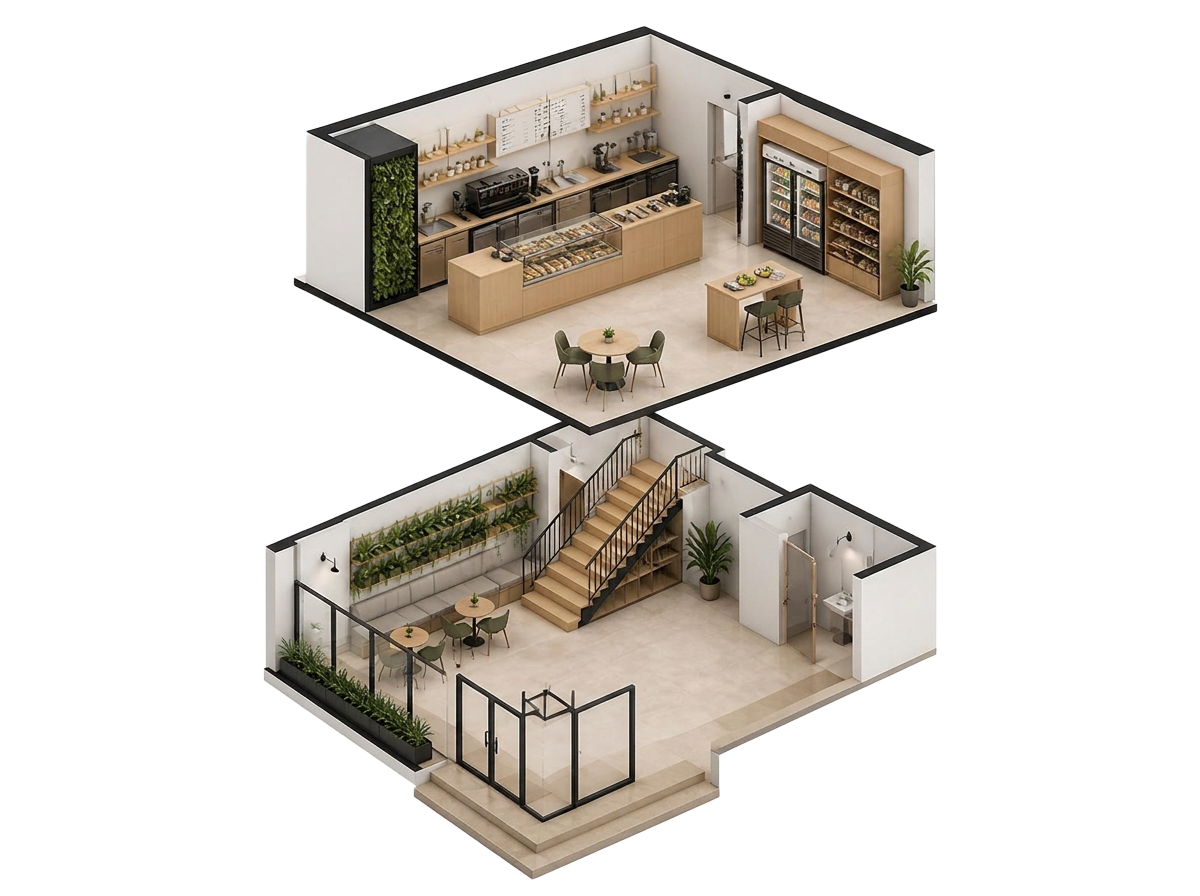 Render axonométrico de un espacio de hospitality en dos niveles seccionados, con madera clara, vegetación integrada y estructura metálica negra.
