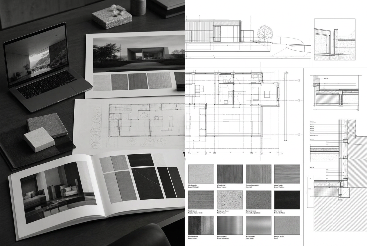 Composición dividida: a la izquierda, fotografía de un puesto de trabajo con presentaciones, planos y muestras de material; a la derecha, los mismos documentos continuados como dibujos técnicos.