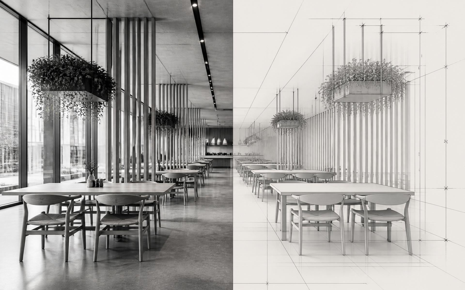 Composición editorial: mitad izquierda, fotografía realista en blanco y negro de un comedor colectivo con lamas de madera y vegetación colgante; mitad derecha, el mismo espacio continuado como render arquitectónico con líneas técnicas finas.